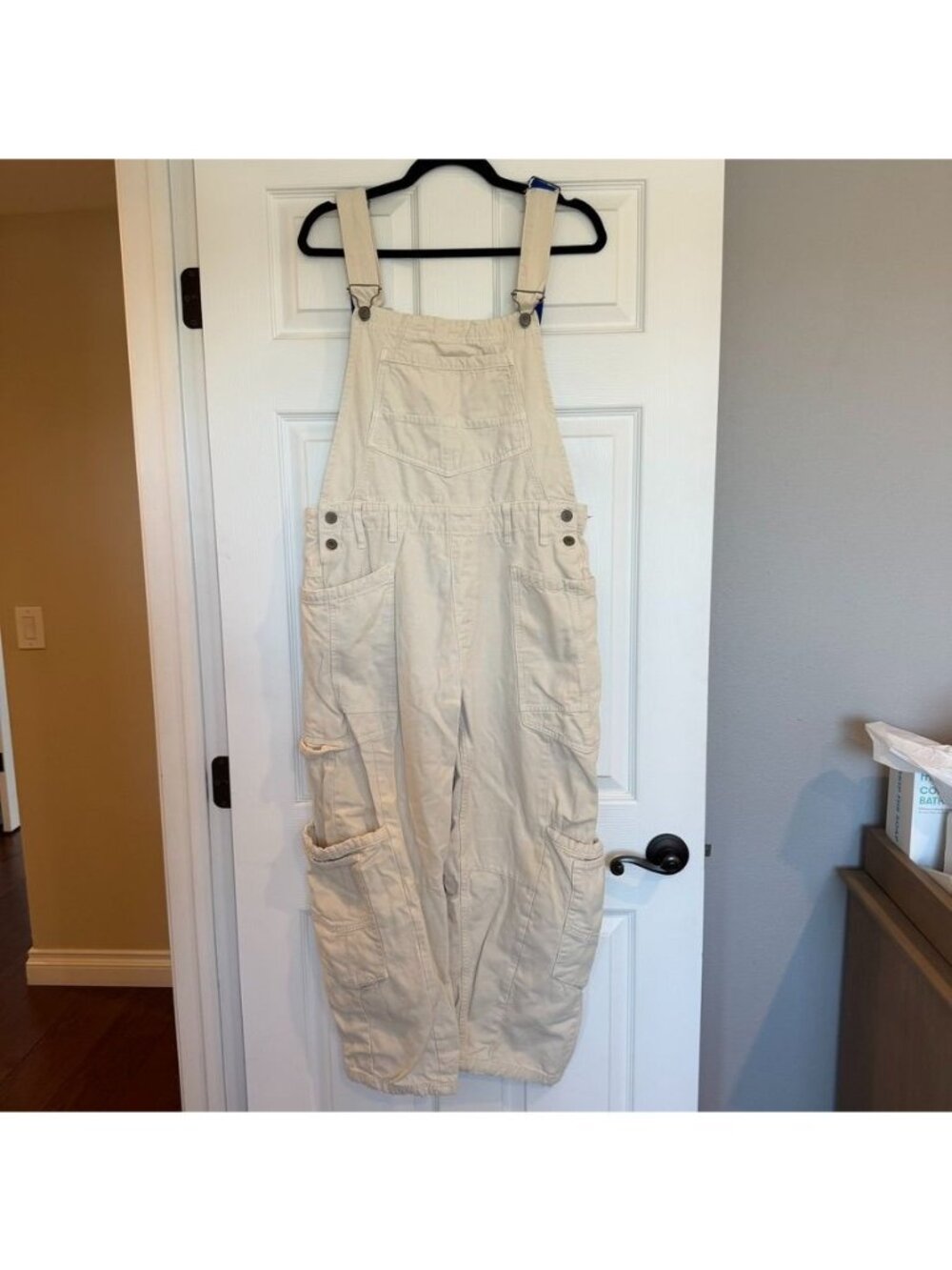 Free People Cream Beige Cotton Denim Relaxed Carpenter Overalls Size Small